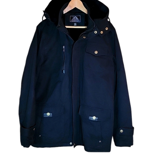 Outdoor Jacket Other - Men's Black Thick Fleece Lined Cargo Military Jacket with Removable Hood, Small